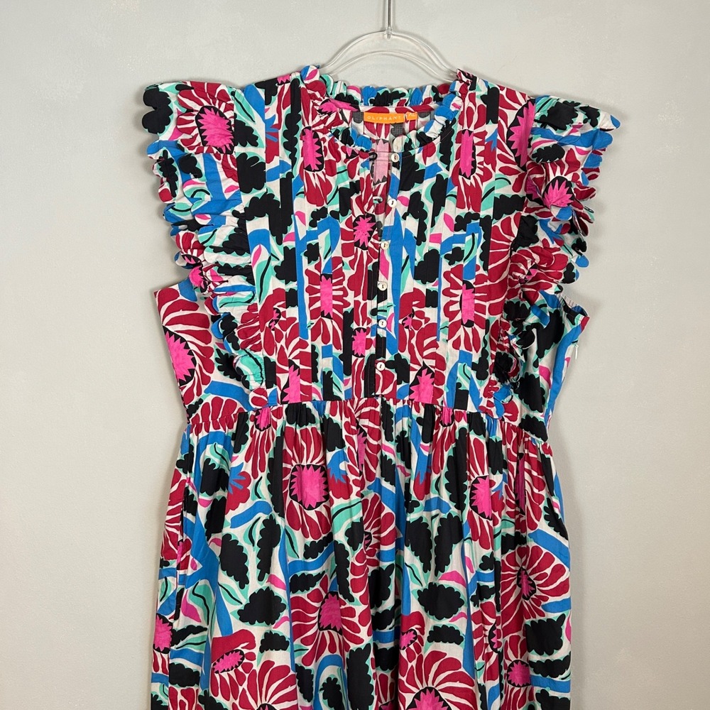 Oliphant size XL maxi dress tiered scalloped ruffle colorful floral cotton boho - Picture 3 of 16